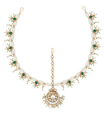 white & Green Jadtar & Beads Studded Mathapatti