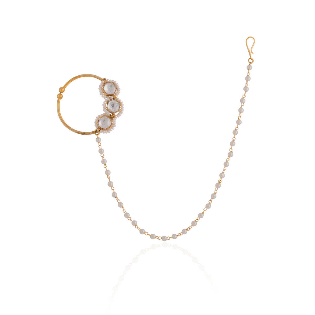Gold toned white pearl beaded designer nath nose ring with chain