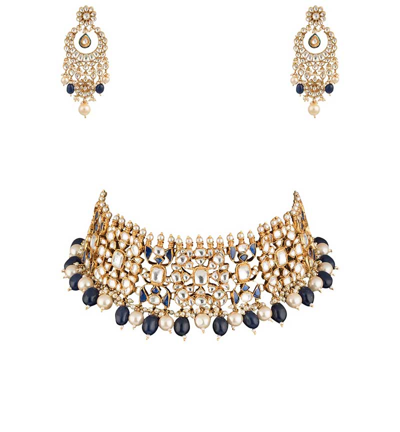 Blue & White jadtar studded Necklace