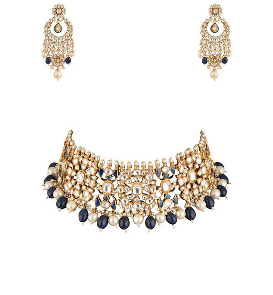 Blue & White jadtar studded Necklace