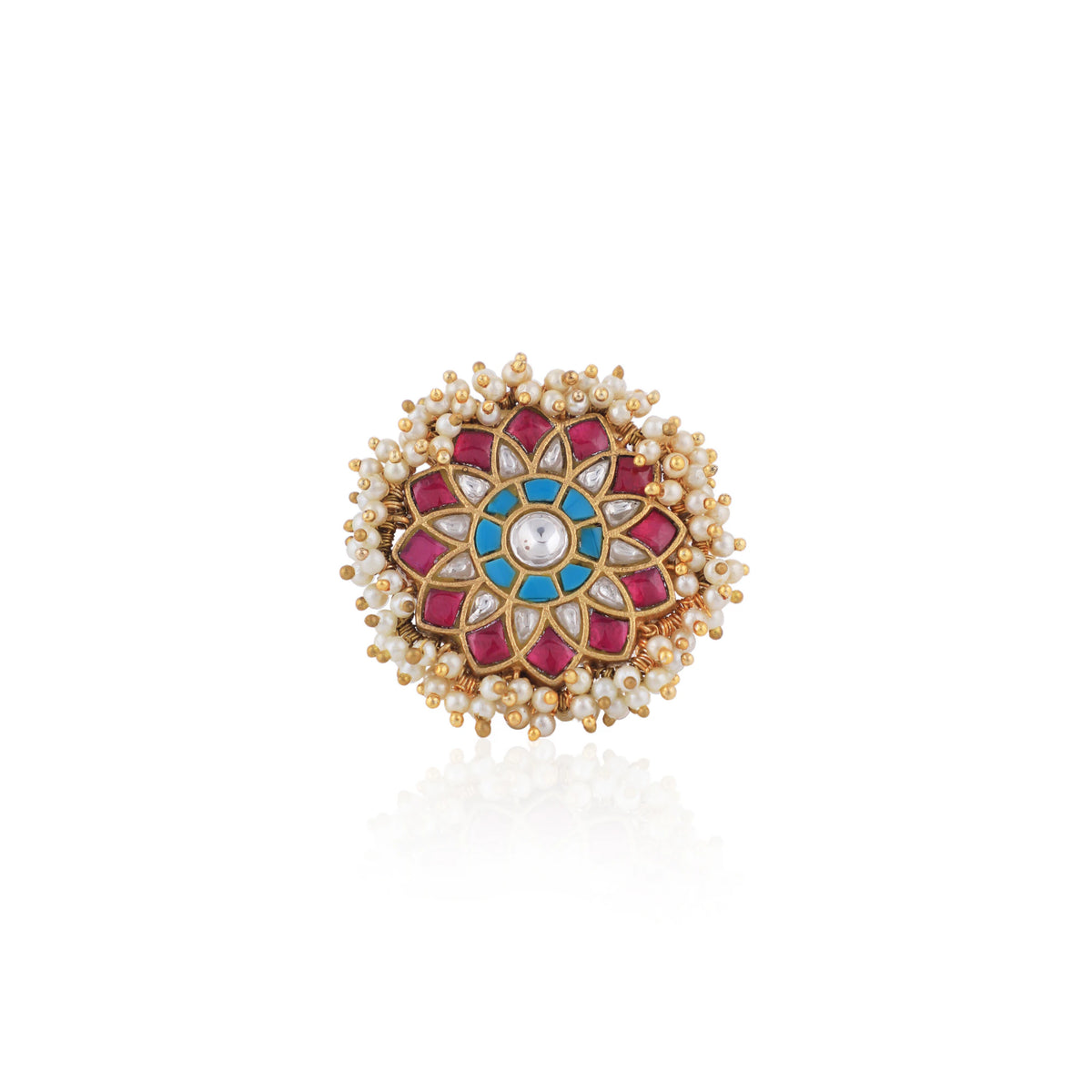 Riana Traditional Handcrafted Floral Design Rice Pearl Gold Plated Pink And Sky Blue Ring