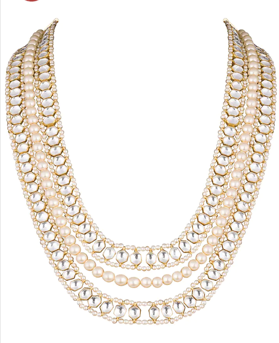 Indian traditional wear white pearl with jadtar three layered maala