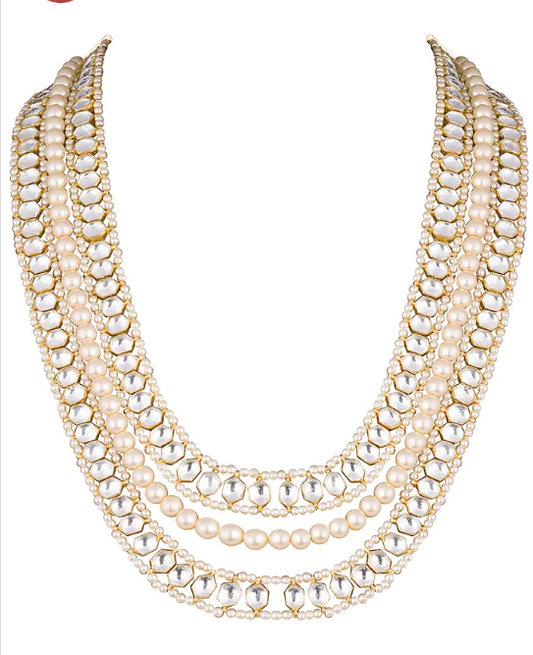 Indian traditional wear white pearl with jadtar three layered maala
