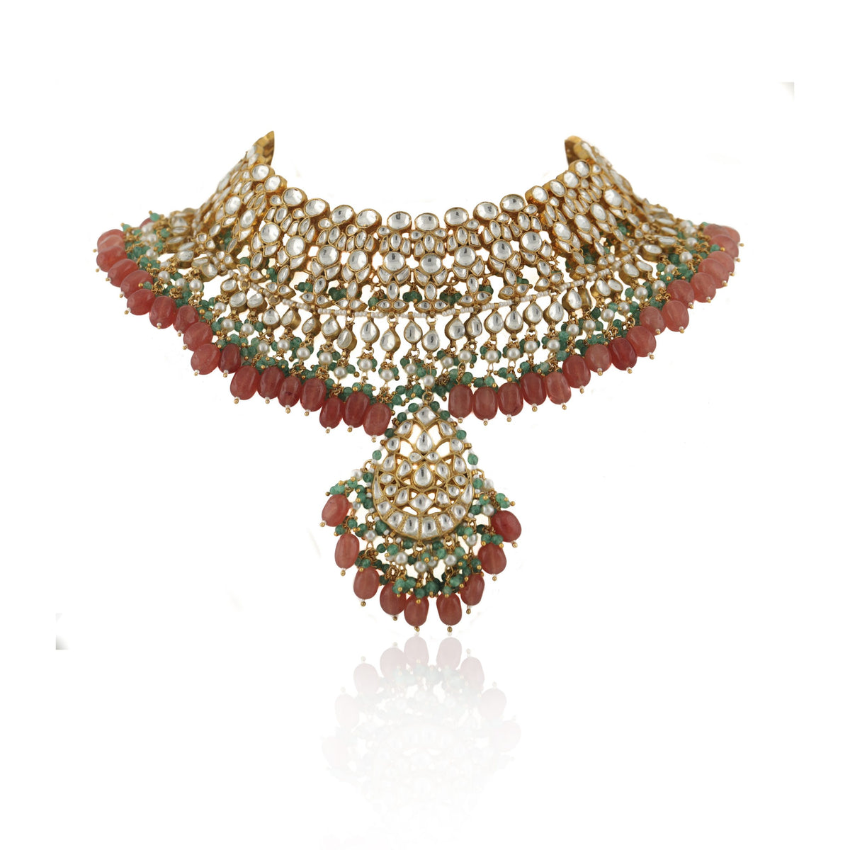 WHITE JADTAR STONE WITH PASTEL PINK & GREEN HEAVY BRIDAL NECKLACE SET