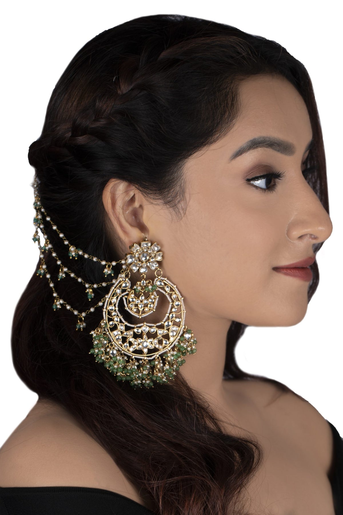 CHANDBALI EARRINGS WITH ONYX GREEN BEADS AND EARCHAIN