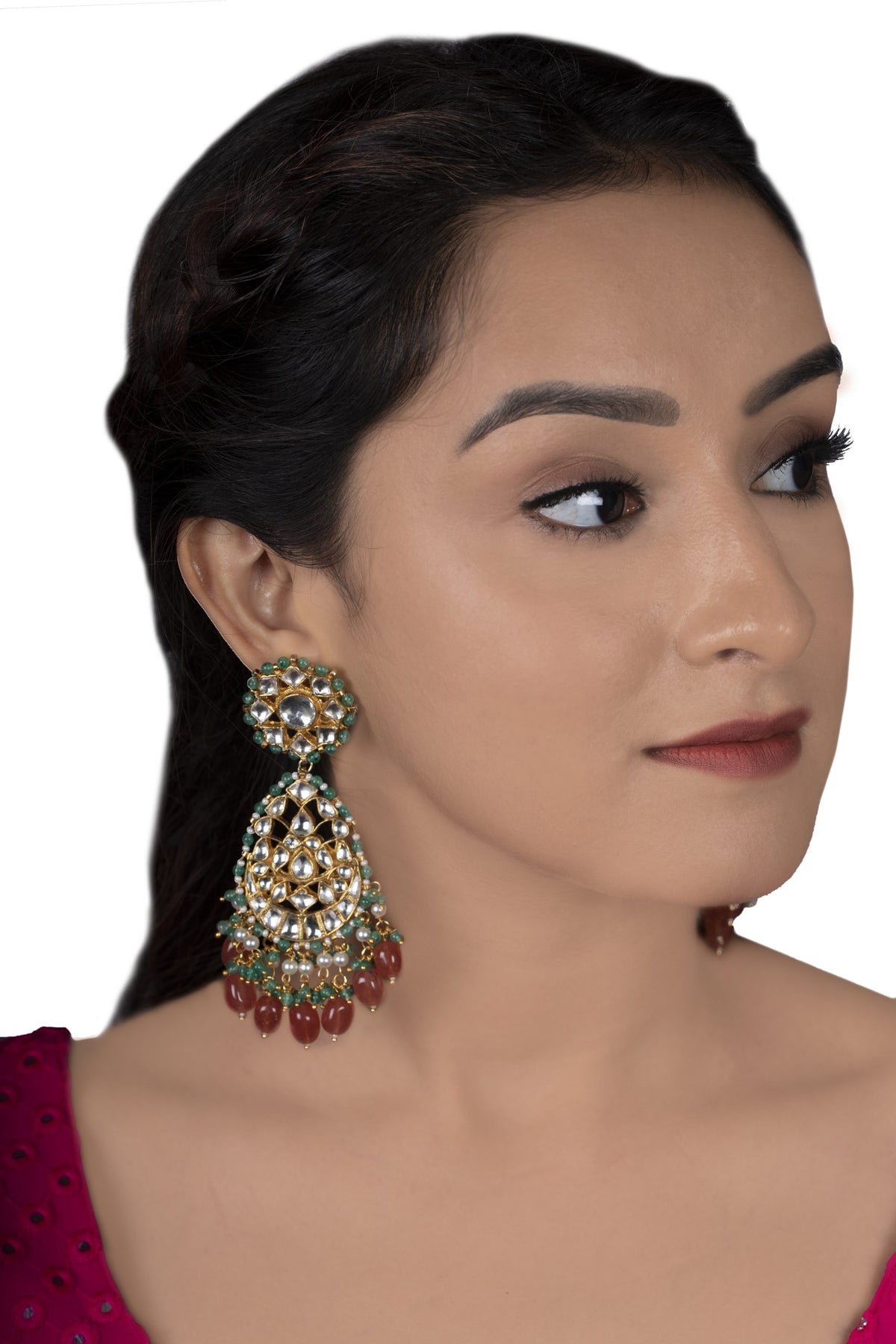WHITE JADTAR STONE WITH PASTEL PINK & GREEN HEAVY BRIDAL NECKLACE SET