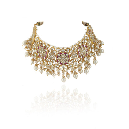 Pink Jadtar Heavy Gold Plated Necklace Set