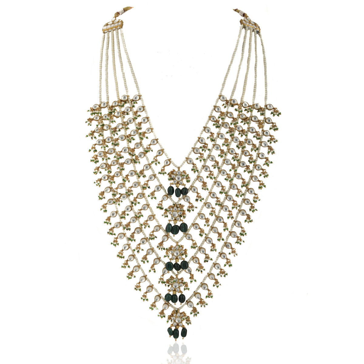 GREEN AND WHITE 5 LINE SET MIDDLE FLOWER SHAPE ON PEARL STRING 