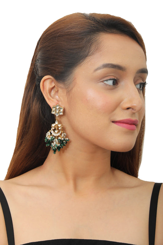 WHITE & GREEN FLOWER WORK WITH JADTAR STONE EARRING