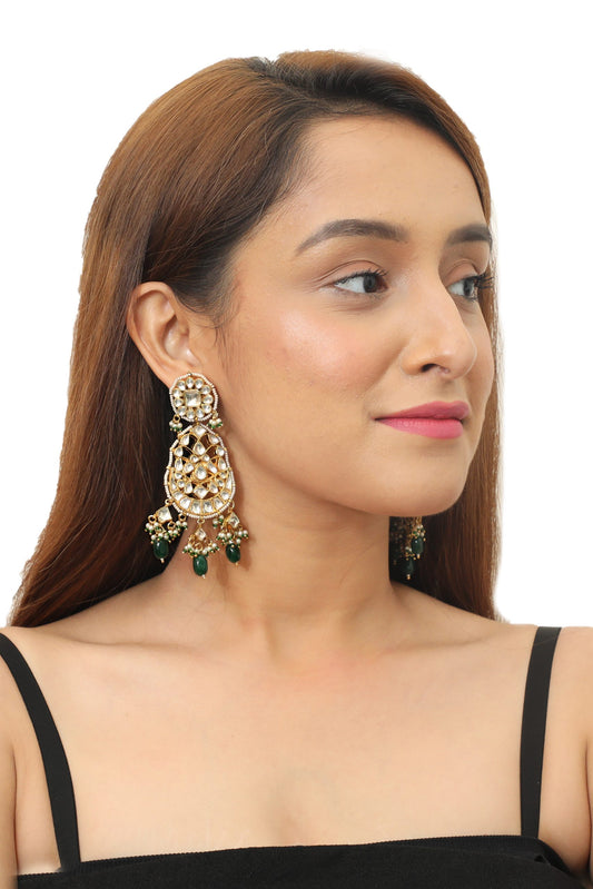 GREEN BEADS WHITE FLOWER STONE WORK LONG EARRING