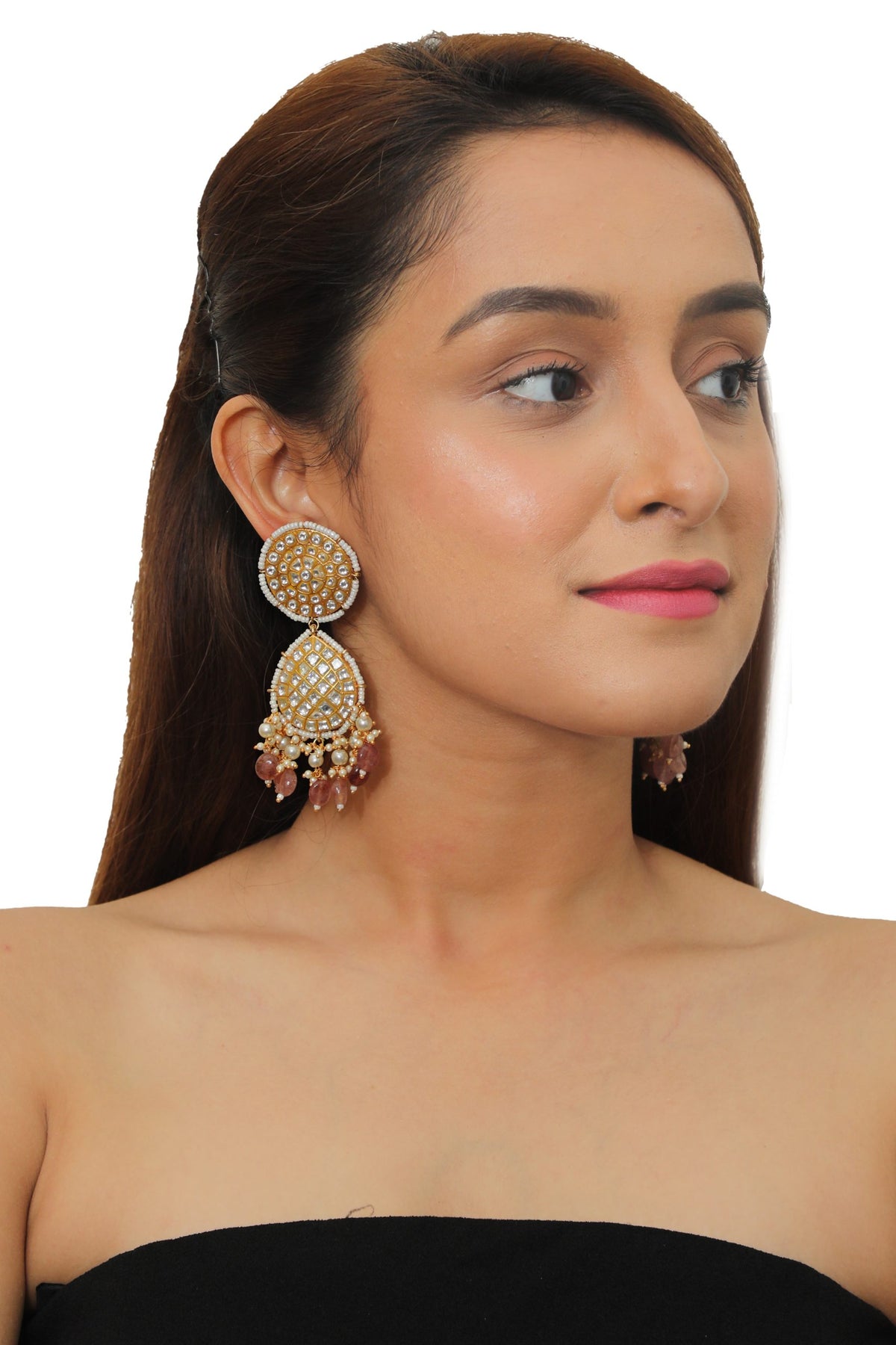 PINK BEADS WITH WHITE JADTAR STONE EARRING