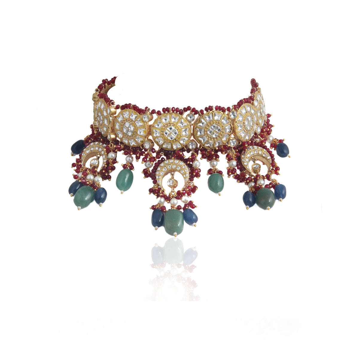 RED MOTI WORK WITH JADTAR STONE NECKLACE SET N WITH SEA GREEN BEADS AND BLUE BEADS