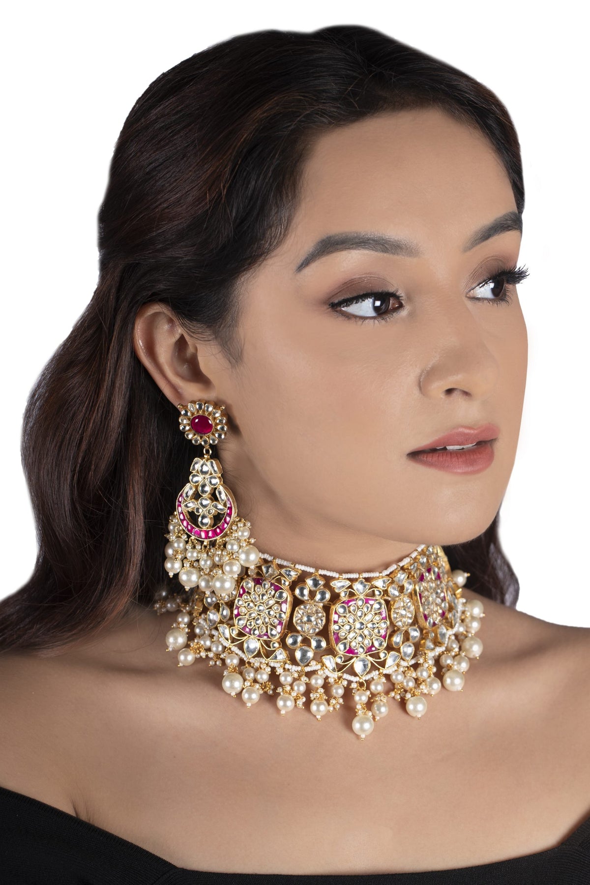 Pink Jadtar Heavy Gold Plated Necklace Set