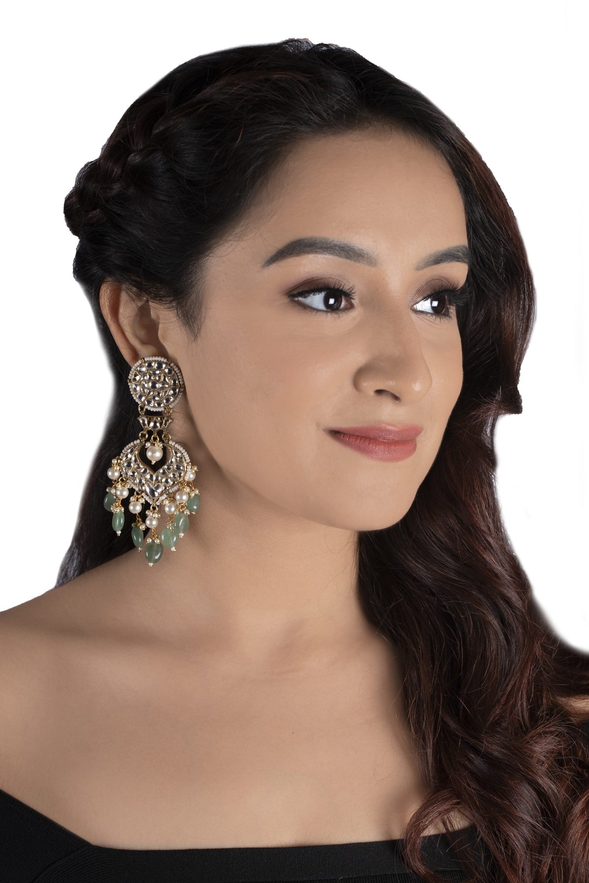 WHITE JADTAR STONE EARRINGS WITH 2 LAYER PEARL SEA GREEN BEADS BEADS