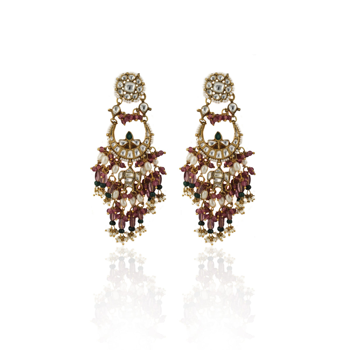 SMALL CHAND BAALIS EARRINGS WITH LIGHT PINK BEADS AND SMALL GREEN BEADS