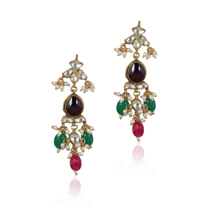 GREEN,PINK & BROWN THREE COLOUR EARRING WITH WHITE JADTAR STONE 
