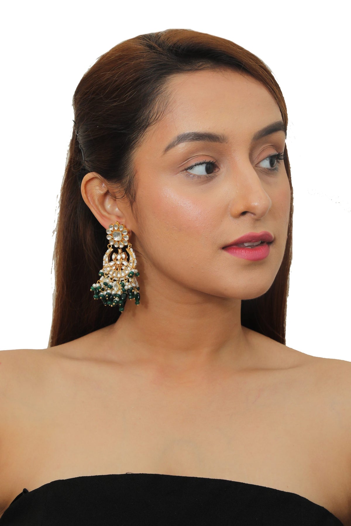 GREEN FLOWER WORK WITH GREEN BEADS EARRING