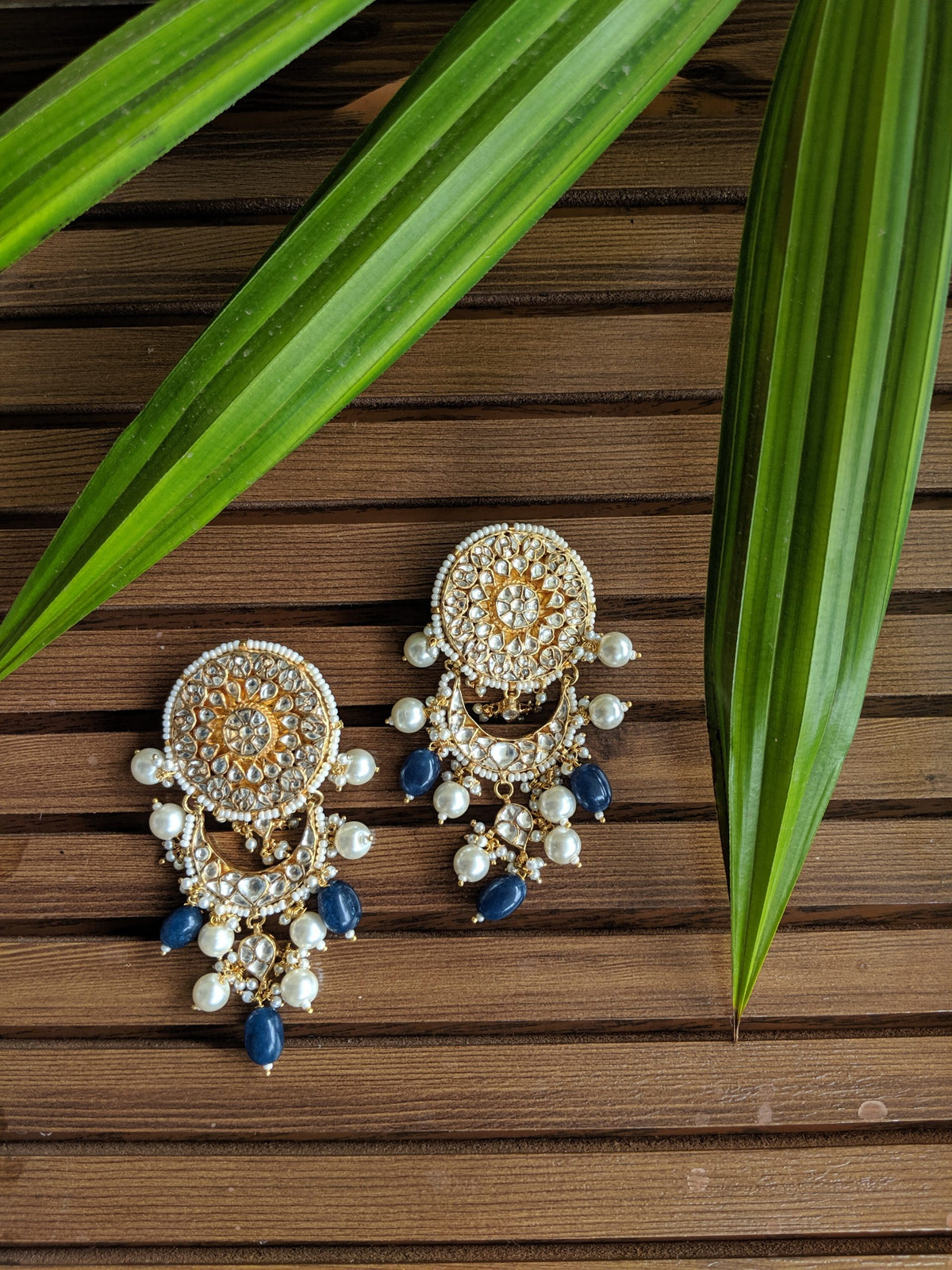 Gold Plated Blue and White Jadtar Stones Chandbali Earrings