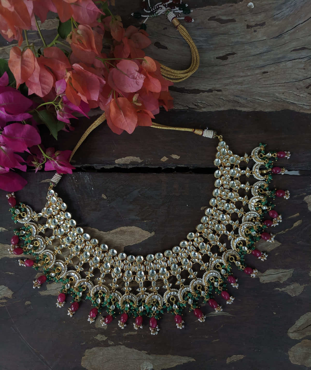uniquely beaded traditional necklace set in pink and green beads