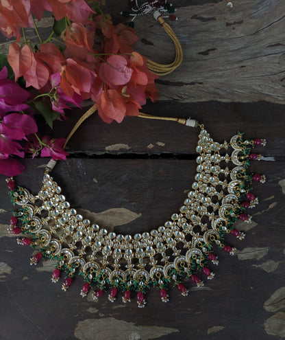 uniquely beaded traditional necklace set in pink and green beads