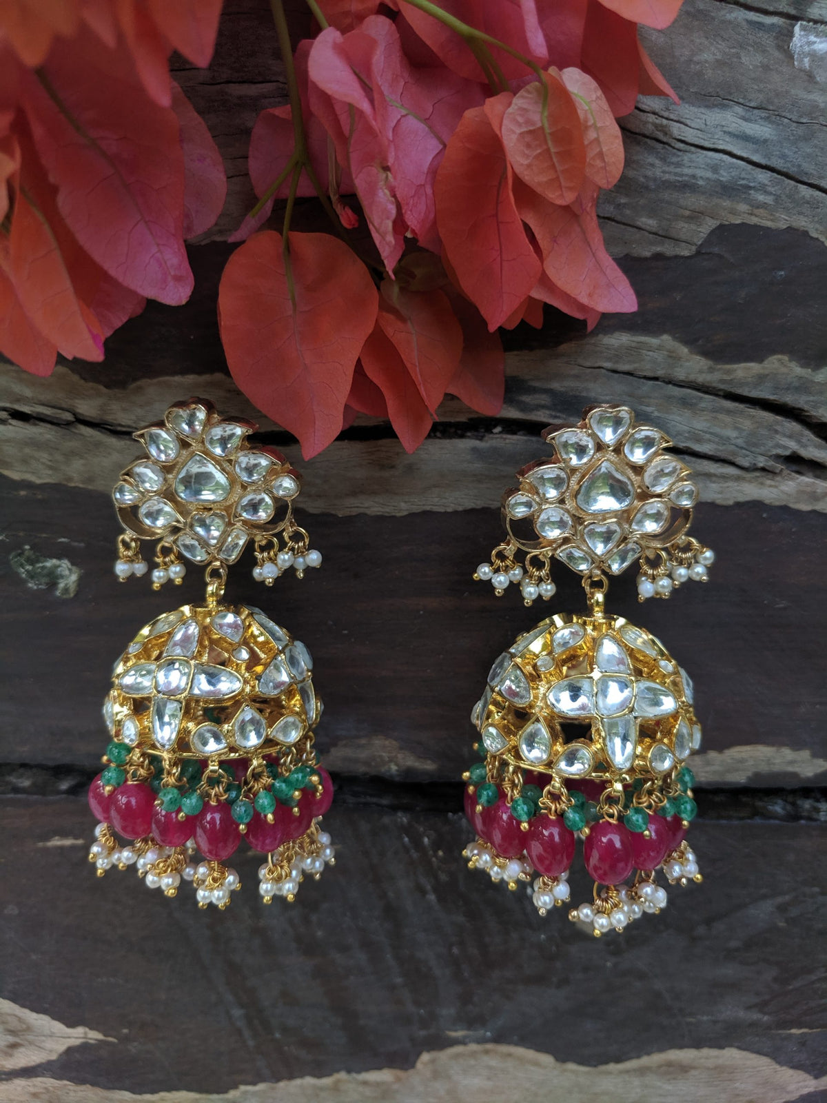 uniquely beaded traditional necklace set in pink and green beads
