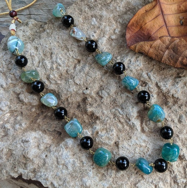 sea green and black color beads and pearls layered mala