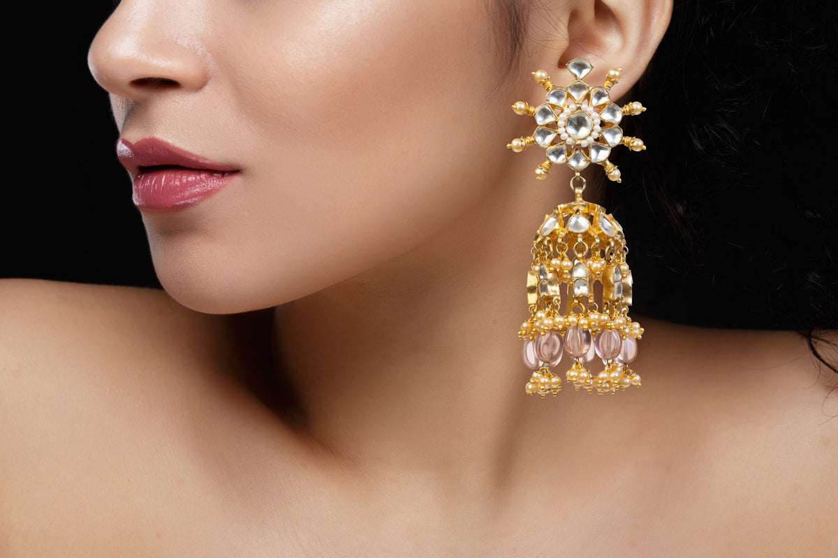 WHITE JADTAR STONE LIGHT PINK HANGINGS NECKLACE SET