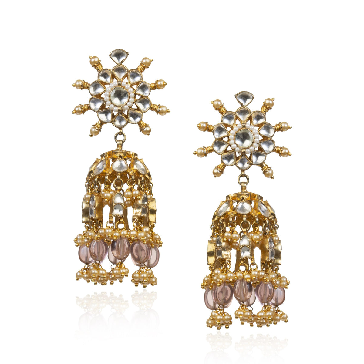 WHITE JADTAR STONE LIGHT PINK HANGINGS NECKLACE SET