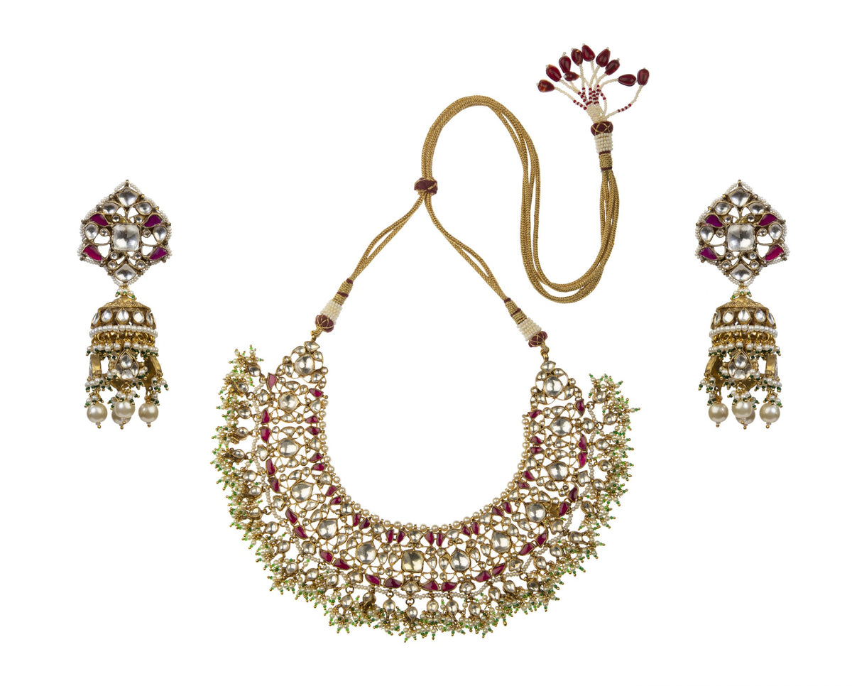 Pink and White Jadtar studded necklace
