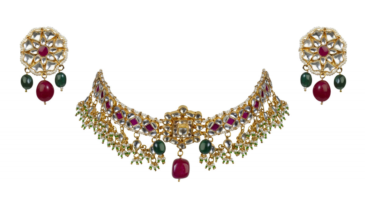 Gold Plated pink and white Stone Necklace Set