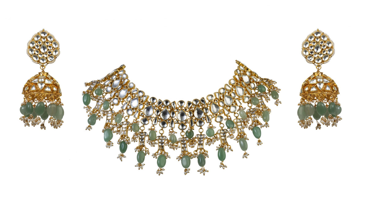 SEA GREEN WHITE JADTAR STONE FISH NECKLACE SET WITH JHUMKI