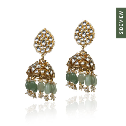SEA GREEN WHITE JADTAR STONE FISH NECKLACE SET WITH JHUMKI