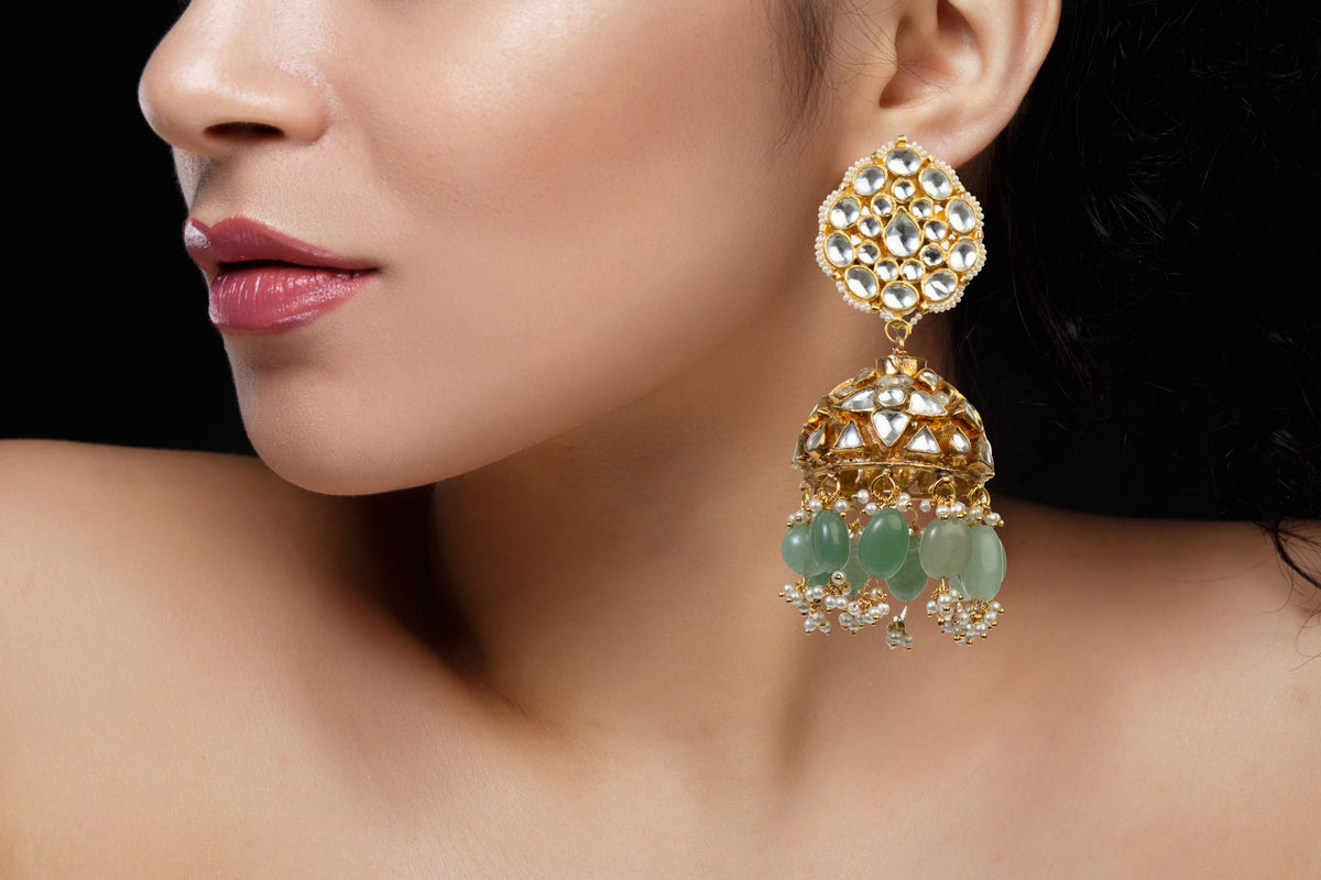 SEA GREEN WHITE JADTAR STONE FISH NECKLACE SET WITH JHUMKI