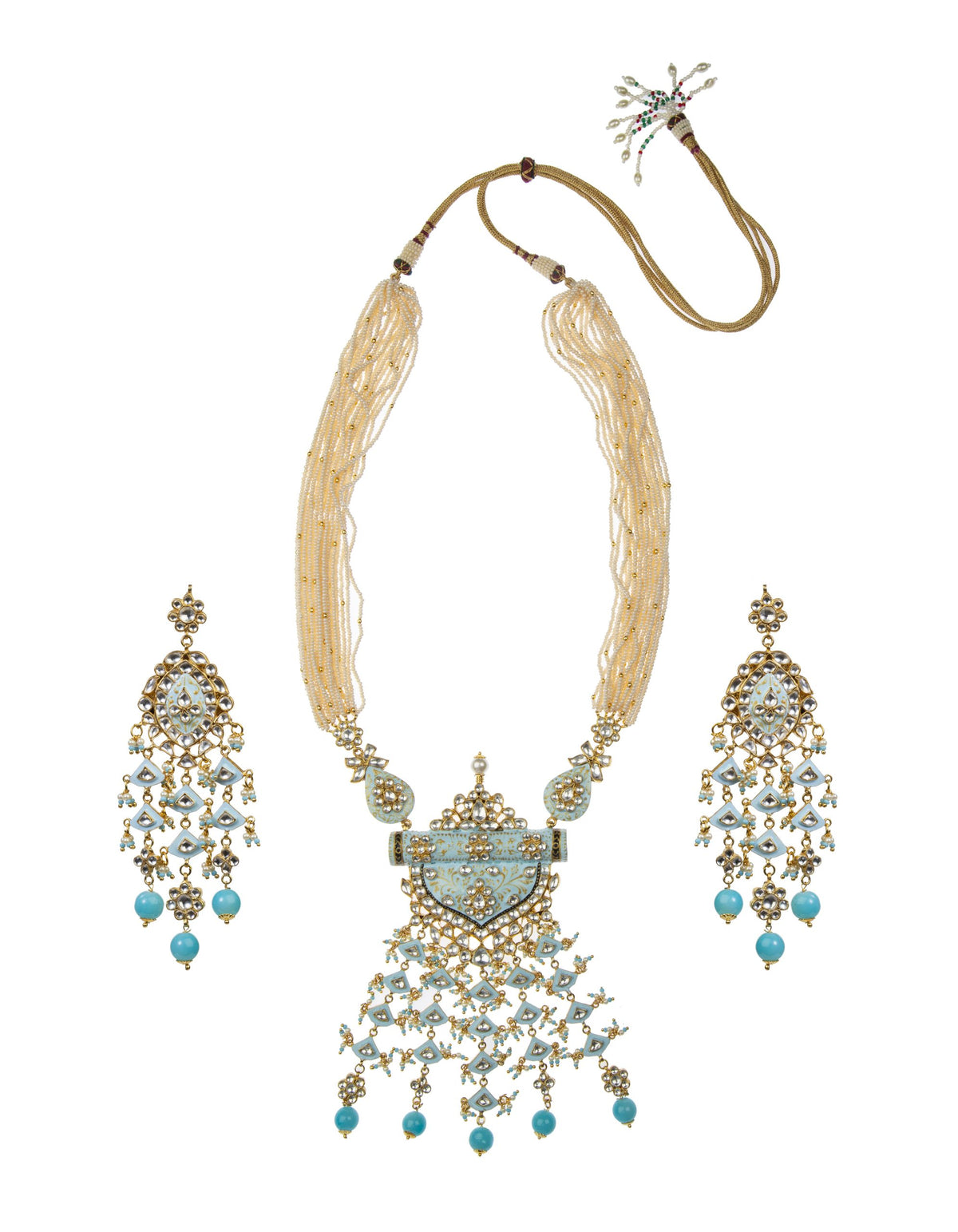 Gold Plated Pearls and firozi Blue Meena Pendant Necklace Set