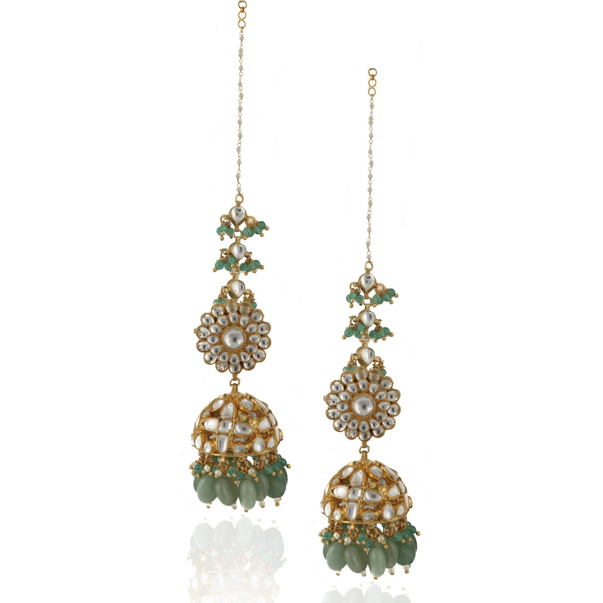WHITE JADTAR STONE HEAVY NECKLACE WITH PEARL AND SEA GREEN BEADS WITH JHUMKI