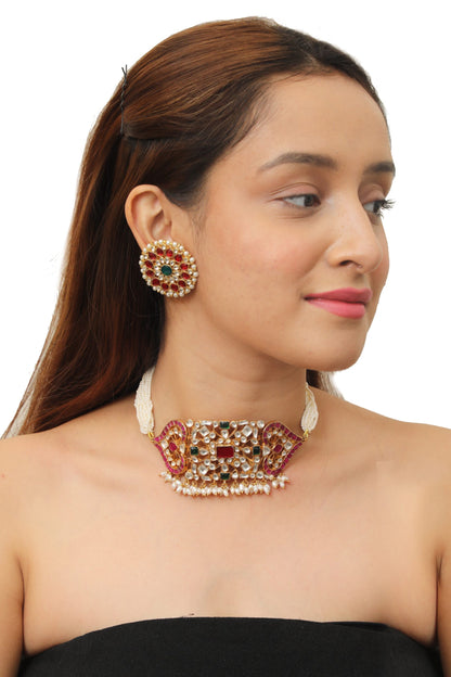 PINK & GREEN WHITE CHOKER SET WITH STUDS