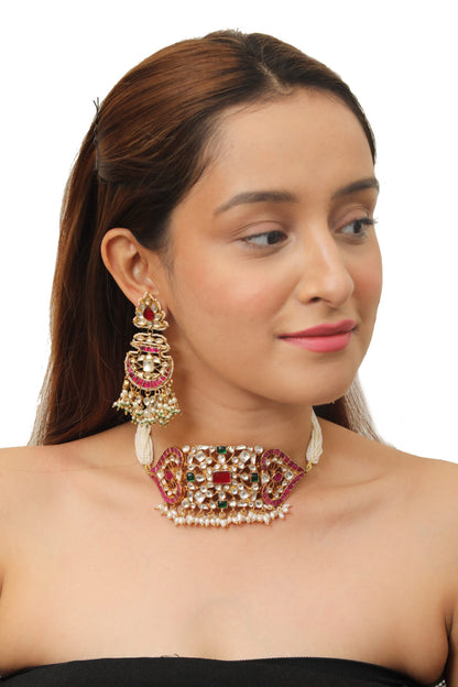 RAJWADI WHITE GREEN & PINK CHOKER SET WITH EARRING