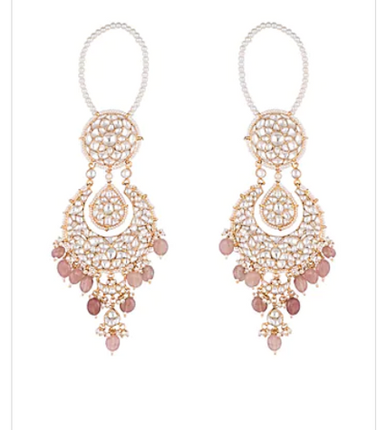 Gold Plated Pearl and Jadtar Pink Stones Earrings