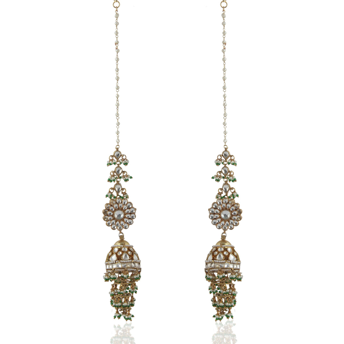 WHITE JADTAR STONE BIG JHUMKI WITH GREEN HANGINGS