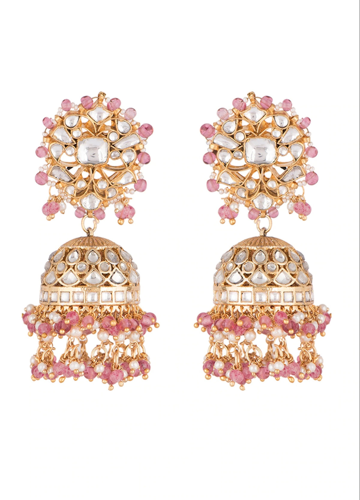 WHITE SMALL JADTAR STONE JHUMKI WITH LIGHT PINK HANGINGS