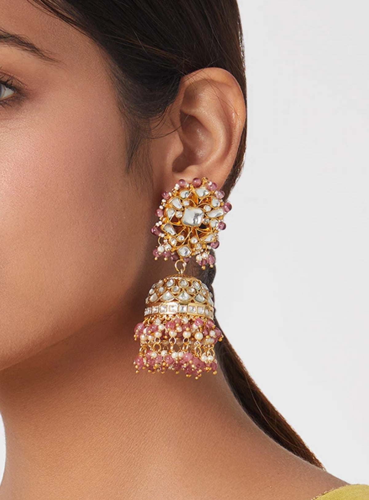 WHITE SMALL JADTAR STONE JHUMKI WITH LIGHT PINK HANGINGS