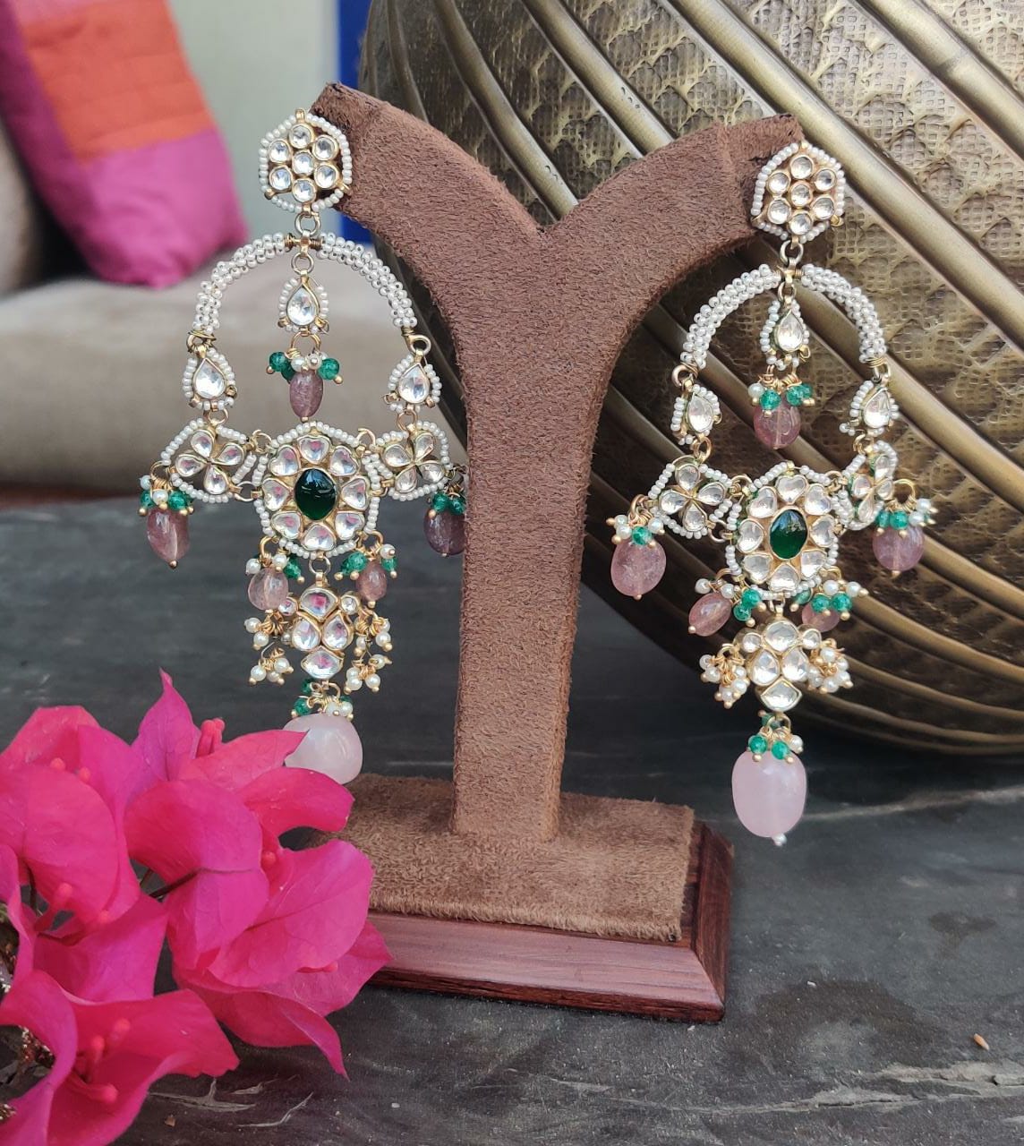 CHAND BAALI SHAPED EARRINGS WITH MOTI WORK AND PESTALE PINK  BEADS