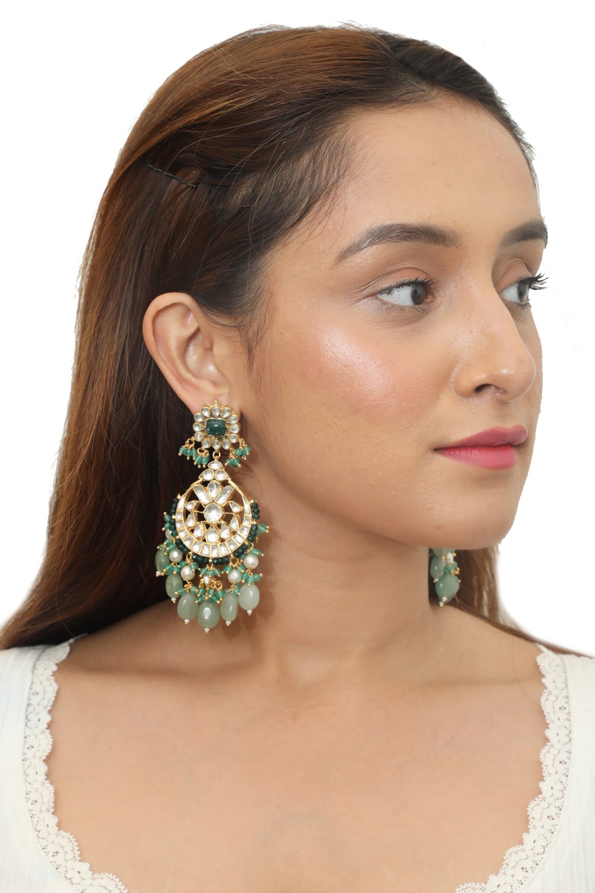 WHITE JADTAR STONE EARRINGS GREEN MOTI WORK , SEA GREEN BEADS WITH WHITE PEARL