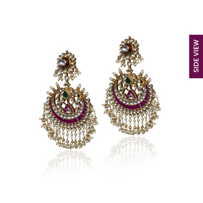 BROWN AND RED BIG EARRINGS WITH JADTAR STONE