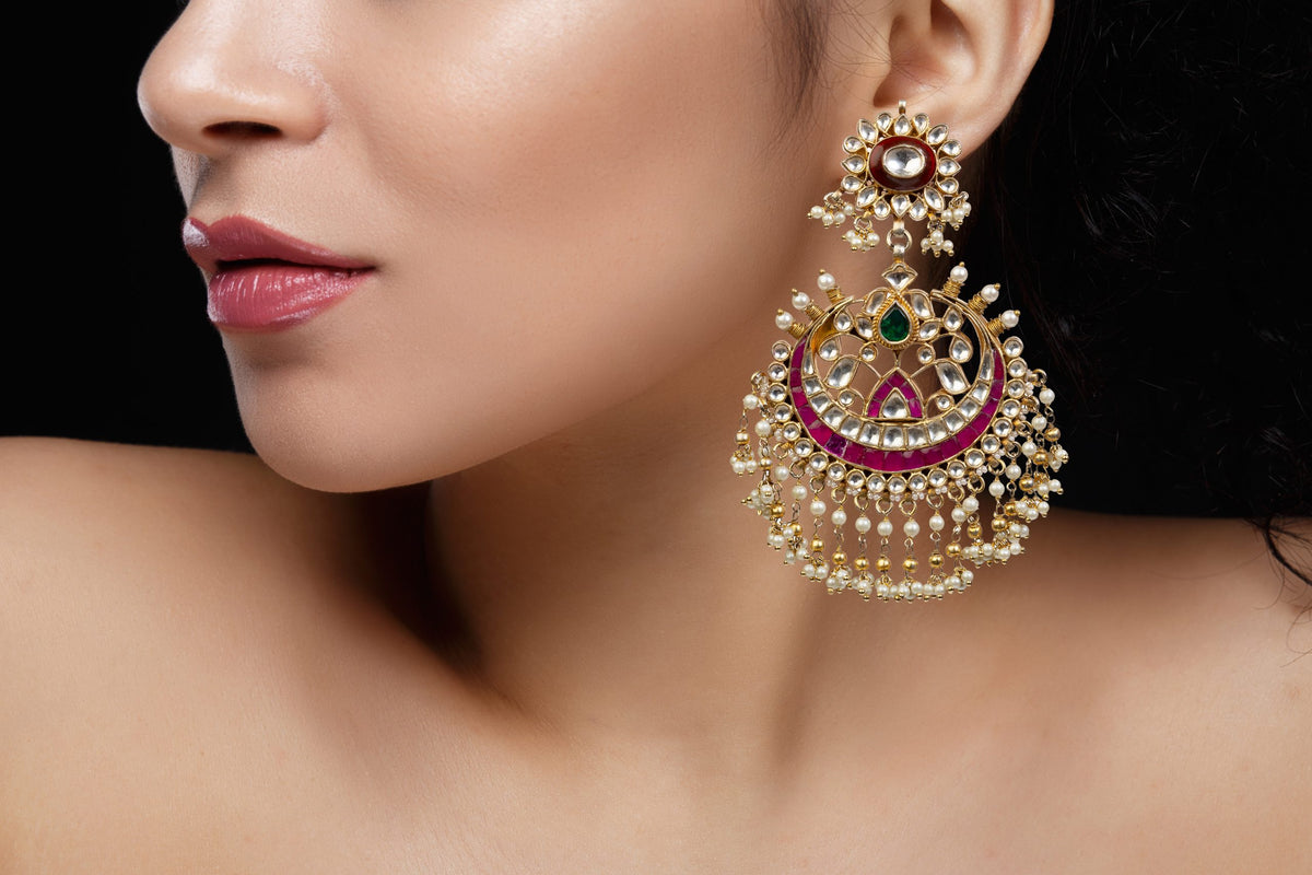 BROWN AND RED BIG EARRINGS WITH JADTAR STONE