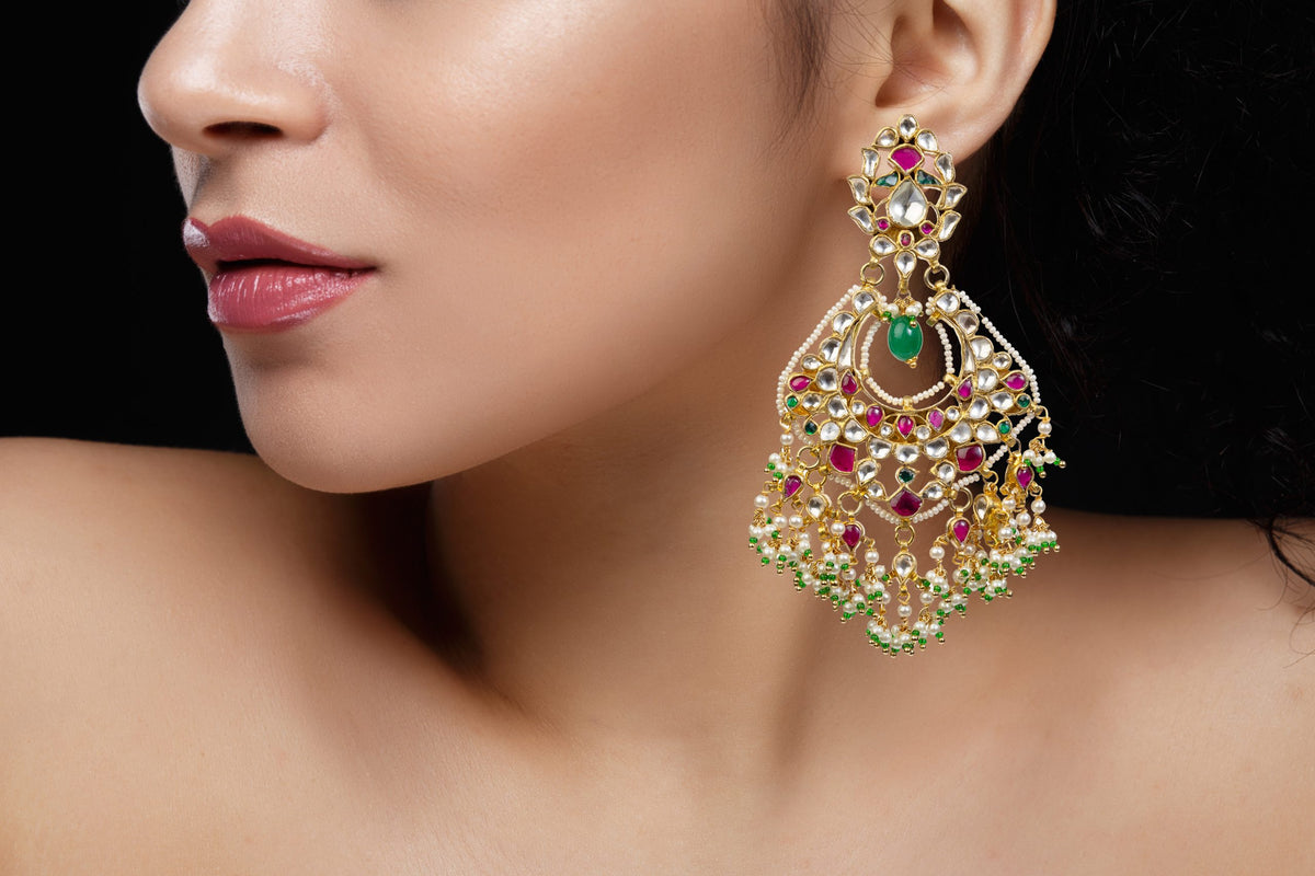 PINK,WHITE AND GREEN JADTAR STONES BIG CHAND BAALIS STYLE EARRINGS