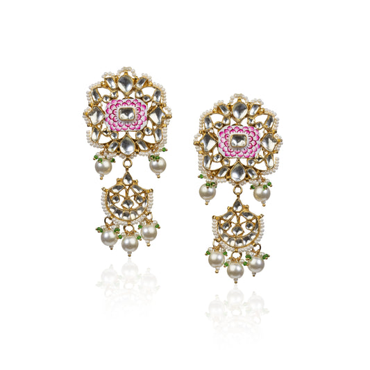 Pink and white meena work earrings