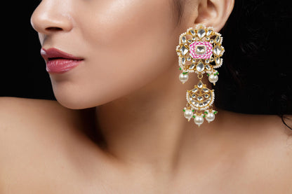 Pink and white meena work earrings