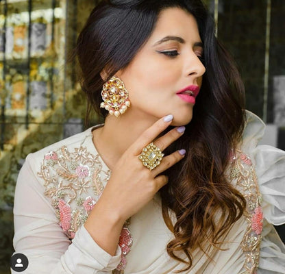 Pink and White Jadtar studded Earrings