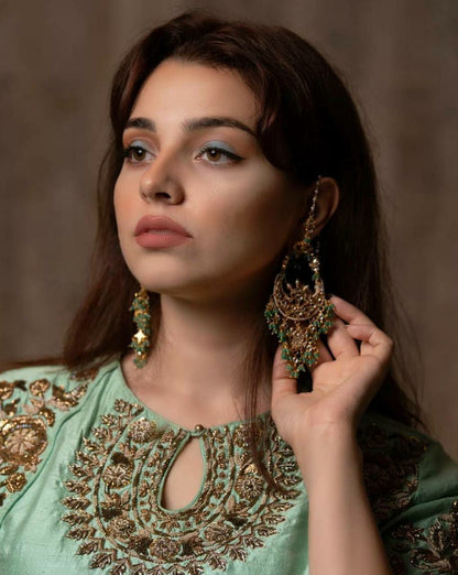 22kt gold plated jadtar chandbalis with green beads